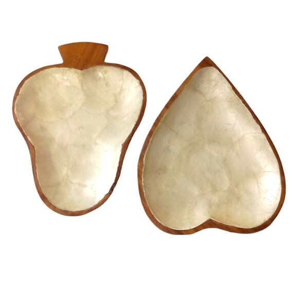 2 Capiz Shell Lined Monkey Pod Dish Set MCM Card Suit Bowls Acacia Spade Heart. - Picture 13 of 16